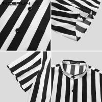 Blusa De Botones Para Hombre INCERUN Estilo Casual Verano Camisas De Punto Con Cuello Erguido Manga Corta Estampado Rayado Tallas Hasta 5XL - details 18