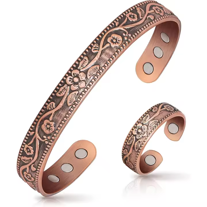 Anillo de drenaje linfático y pulsera de cobre para mujer, anillo magnético de desintoxicación linfática y pulsera magnética de cobre - 1