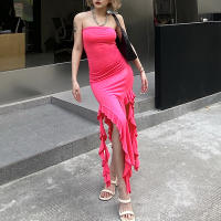 Vestido Maxi Bodycon Elegante Sin Mangas Para Mujer Con Tirantes Y Borla Irregular Asimétrico Verano 2024 Trend Con Abertura En La Pierna Para Fiesta Y Club - details 3