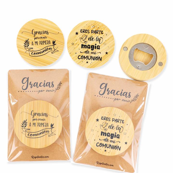 Pack de 9 a 36 abridores de madera con imán y frases decorativas, regalos originales para invitados de comunión, recuerdos prácticos para comunion celebraciones, detalles elegantes para eventos y fiestas familiares, abridores decorativos, Regalantes.com