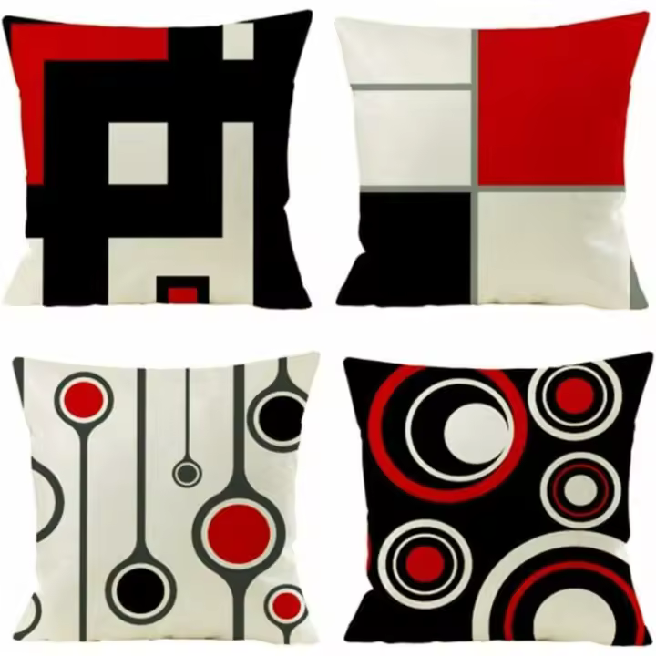 Funda de Juguete, Juego de 4 en Algodón y Lino Patrón Geométrico Moderno Rojo Negro Funda De Almohada Decorative para sofá Dormitorio House 45x45 cm, Material: Algodón Lino, Durable, Ecológico Girasol Pd9cc - 1