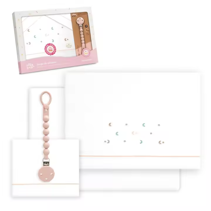 Interbaby Juego De Sábanas para Cuna 60 X 120 Cm, Bebe Primavera, Verano y Otoño Tipo 100% Algodón Extrasuave Fafricado en España - Mibebestore(bajera+encimera+funda Almohada+Broche Chupetero) - Oso Lazo Blanco/Rosa - 1