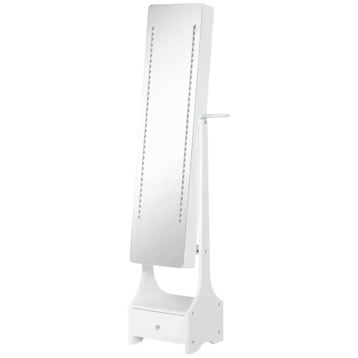 HOMCOM Espejo Joyero de Pie con Luz Armario para Joyas con Espejo de Cuerpo Entero 3 Ángulos Ajustables con Cajón y Colgador para Secador 37x30x158 cm Blanco - 1