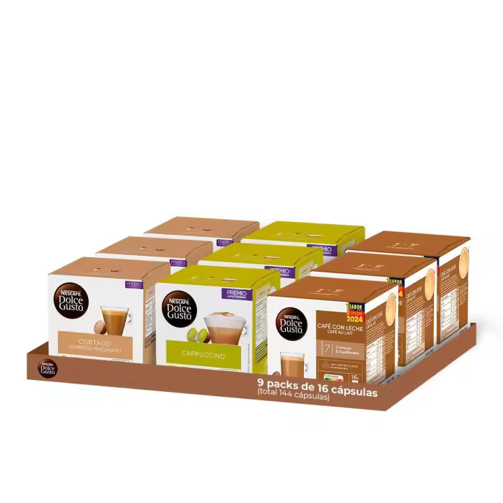 Dolce Gusto - Pack Especial Café Con Leche 9 cajas (144 Cápsulas) | Contiene 3 cajas de Café con leche (48 cápsulas) + 3 cajas de Cortado (48 cápsulas) + 3 cajas de Capuccino (48 cápsulas) - 1