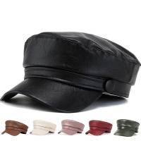 Gorro Militar De Cuero PU Para Mujeres Moda Otoño Invierno Beret Plano Casual Unisex Para Exteriores Y Pintores - details 0
