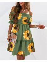 Vestido Bohemio De Verano Para Mujer Con Hombros Descubiertos Y Estampado Largo Corto Con Volantes Vestido De Fiesta Casual De Poliéster Talla Suave - details 3