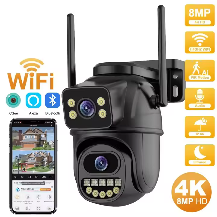 Cámara de vigilancia WiFi 4K 8MP, lente dual, zoom digital 4X, detección humana AI, ONVIF, cámaras IP PTZ de seguridad para exteriores - 1