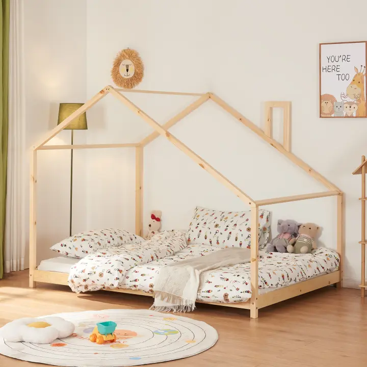 Cama para niños Siuntio con techo inclinado madera de pino 120x200 cm - Natural [en.casa] - 1