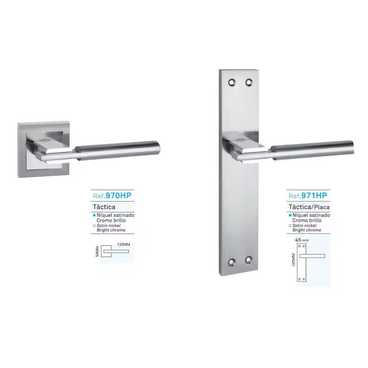 AZERO - Juego manillas puerta madera interior, Aluminio baño combinado acabado níquel satinado y níquel brillo, disponible en roseta cuadrada y en placa larga - 1