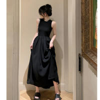 Vestido Midi Elegante Sin Mangas De Color Negro Para Mujer Cintura Alta Pleated Swing Skirt Casual Para Fiestas Vestido De Verano - details 3