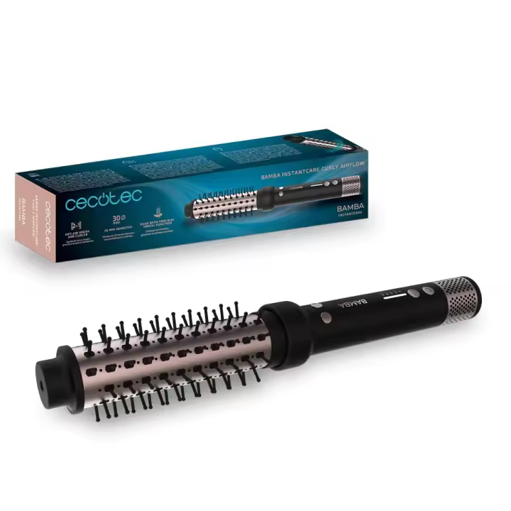 Cecotec Cepillo Alisador Bamba InstantCare Curly AirFlow. Seca y Riza, Cilindro de 34mm, Revestimiento Cerámico, Cabezal Giratorio, Todo tipo de Cabello, 120ºC-160ºC, Cable de 1,9m - 1