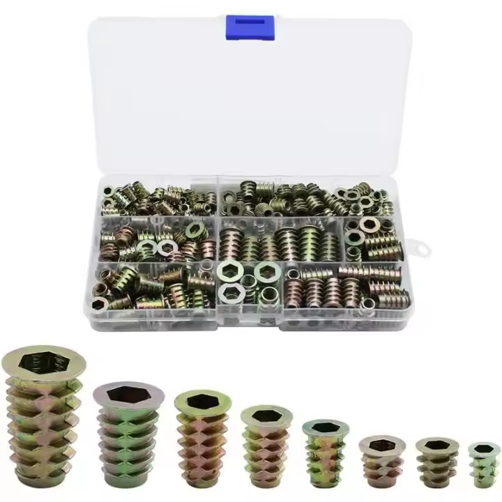 230 piezas de inserto roscado de aleación de zinc, insertos roscados de tuercas hexagonales, kit de herramientas de tuerca M4 M5 M6 M8 para muebles de madera - 1