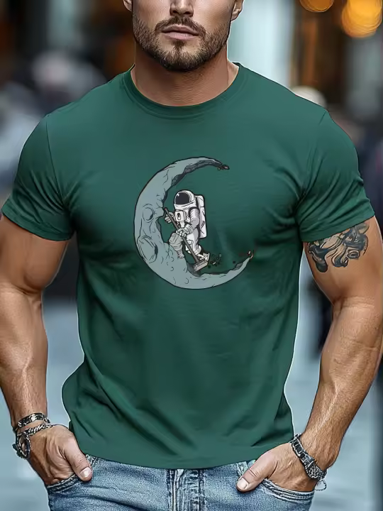 Camiseta De Verano Para Hombre Astronauta Con Grabado De Luna Y Raspado Cómodo Y Transpirable Para Uso Diario - 1