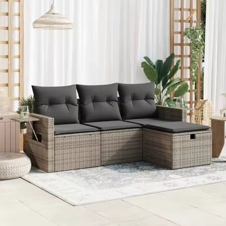 vidaXL Set de sofás de jardín 4 pzas y cojines ratán sintético gris - 1