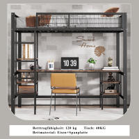Cama de Hierro, Litera, adecuada para niños y adolescentes, Con Mesa y estantes, Con Escalera de Cuatro peldaños, Hierro aglomerado, Negro Grano de Madera Oscuro, 90x200 cm - details 0