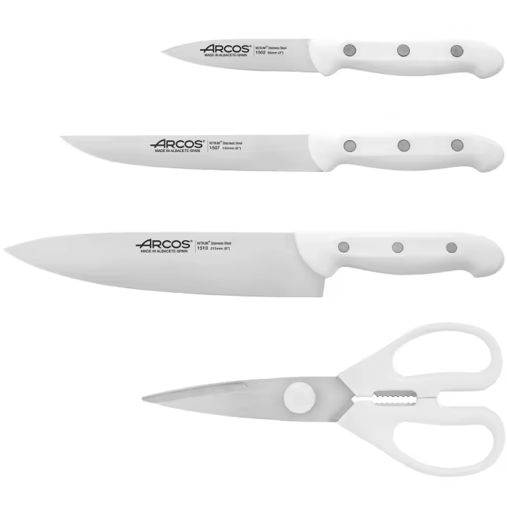 ARCOS Artika - Set 3 Cuchillos de Cocina (80, 150 & 215 mm) + Tijeras (195 mm) - Hoja de Acero Inoxidable Nitrum® - Mango Blanco de Polipropileno (PP) - 1502/07/1024 + 784911 - 1