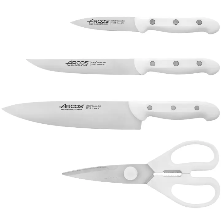 ARCOS Artika - Set 3 Cuchillos de Cocina (80, 150 & 215 mm) + Tijeras (195 mm) - Hoja de Acero Inoxidable Nitrum® - Mango Blanco de Polipropileno (PP) - 1502/07/1024 + 784911 - 1
