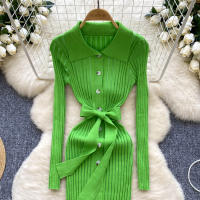 Vestido De Punto Para Mujer REALEFT Otoño Invierno Con Cinturón Cuello Polo De Mano Sola Manga Larga Ajuste Cintura Alta Vestido De Trabajo - details 41