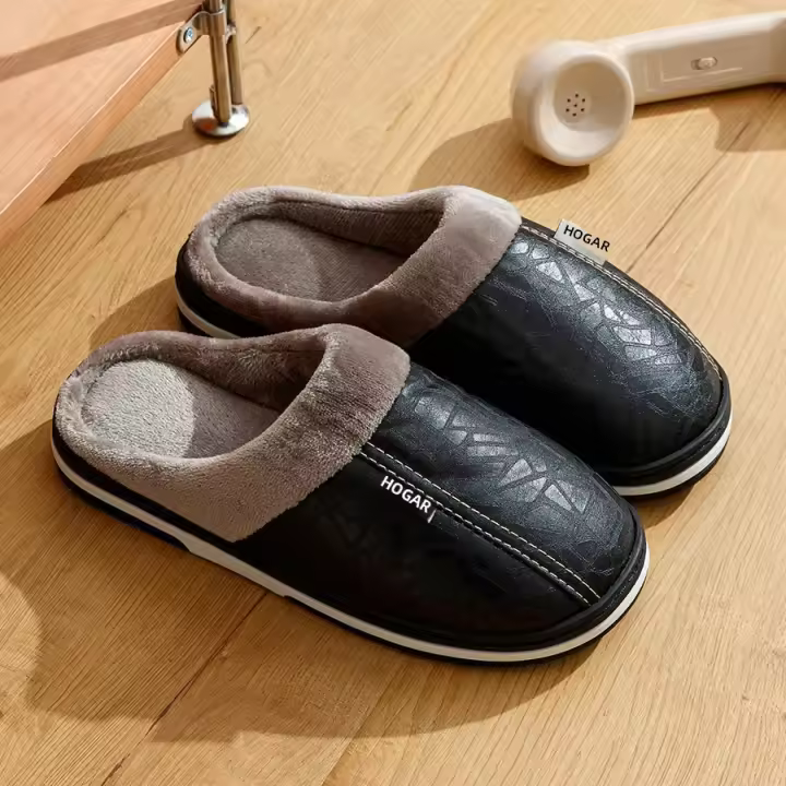 Zapatillas De Casa Para Hombre Talla Grande Invierno PU Cuero Impermeable Memoria Espuma Algodón Fuzzy Zapatos Para Dormitorio - 1