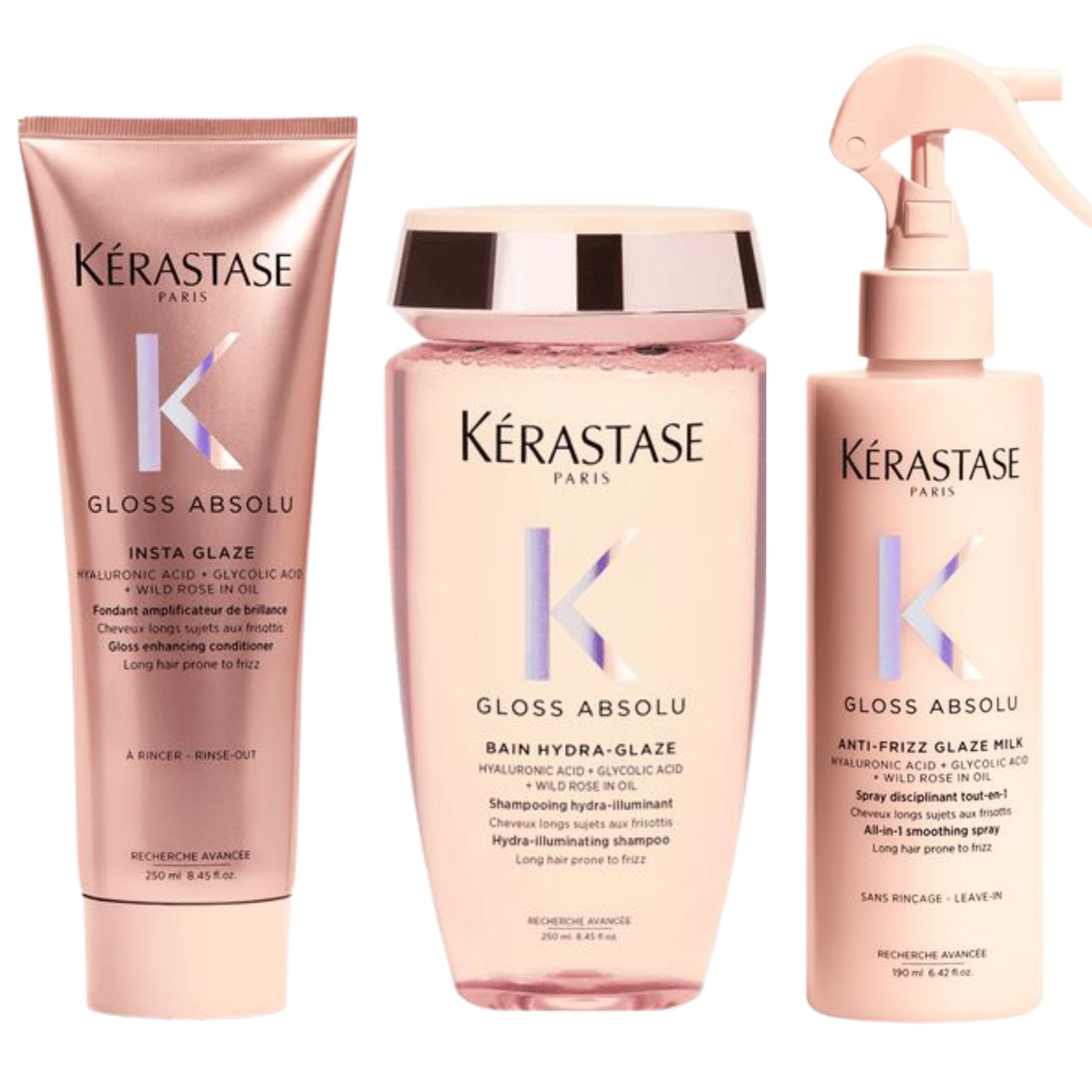 Pack Kérastase Gloss Absolu Bain Hydra-Glaze 250ml + Fondant Insta-Glaze 250ml + Anti-Frizz Glaze Milk 190ml – Cabello Largo y con Tendencia al Encrespamiento