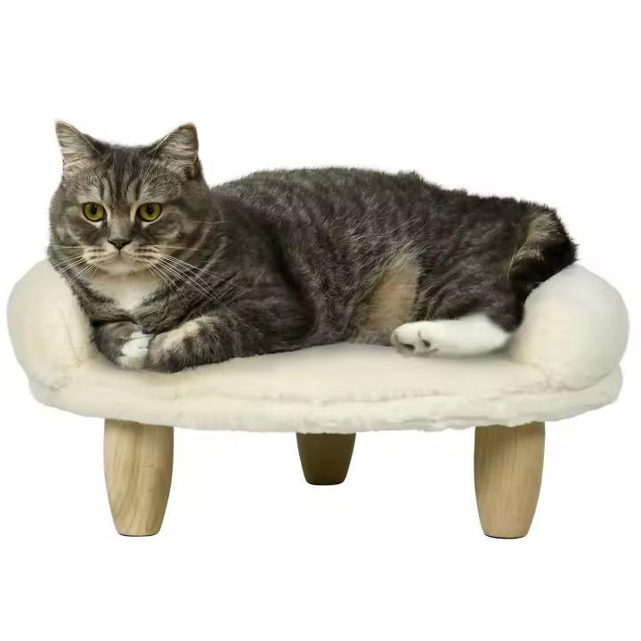 PawHut Sofá para Perros, Sofá para Mascotas, Cama para Perros, Sofá para Perros con Diseño Elevado, Sofá para Gatos con Patas de Madera, Silla para Perros, Franela, 47 x 40 x 20 cm, Crema - 1