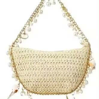 Bolso de mano de paja con conchas para mujer, bolso de hombro con cuentas y perlas, bolso de playa de verano para vacaciones. - 1
