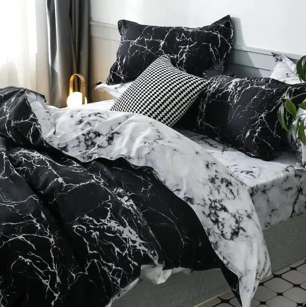 Ropa de Cama 200x200cm juego de sábanas Modern Blanco y Negro with aspecto Mármol - 1