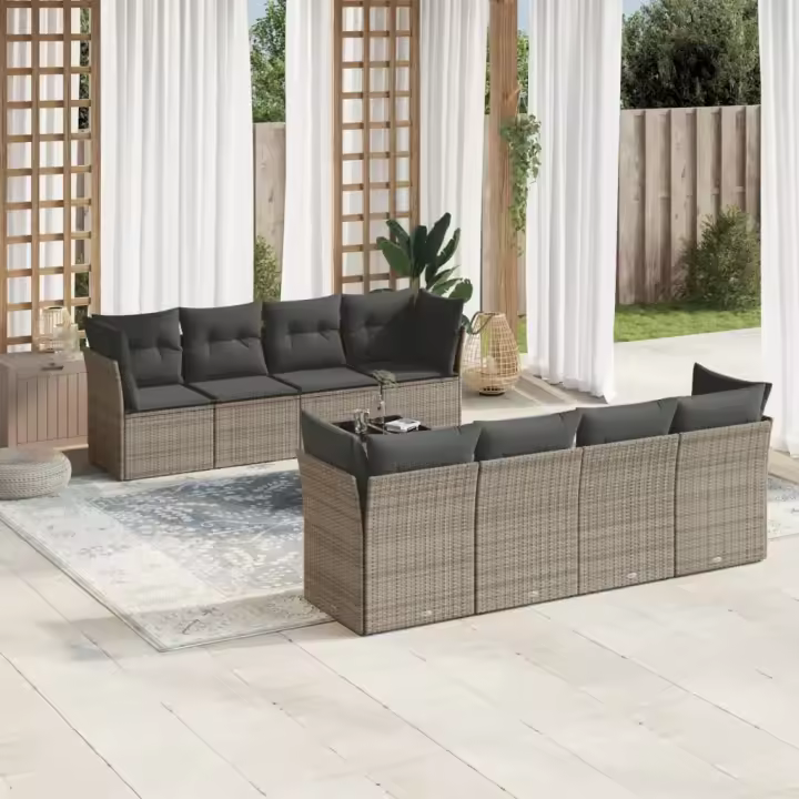 vidaXL Set de muebles de jardín 9 pzas y cojines ratán sintético gris - 1