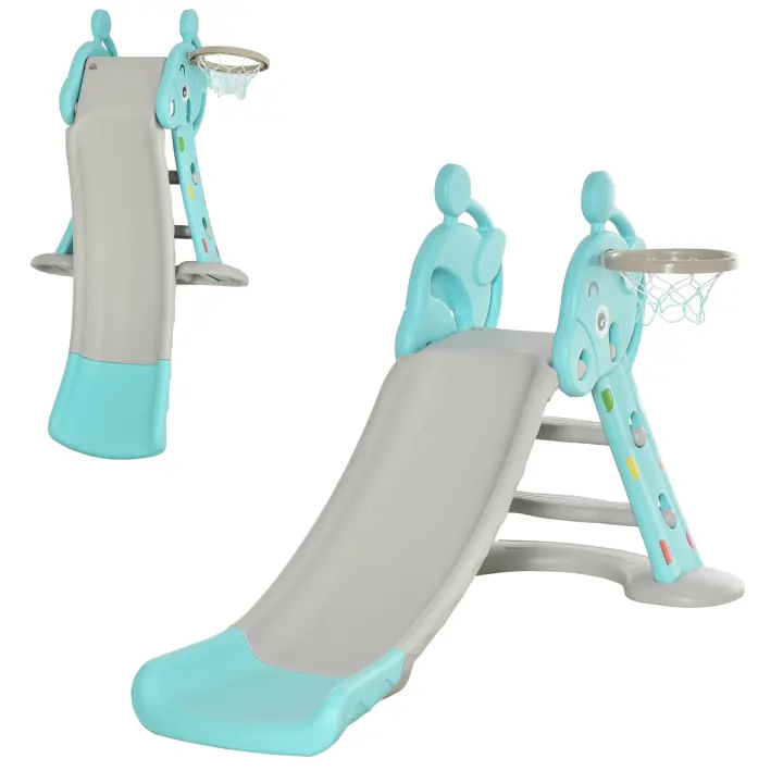 HOMCOM Tobogán para Niños +18 Meses Plegable con Canasta de Baloncesto Modelo Jirafa Juguete Infantil para Interiores y Exteriores 147x82x85,5 cm Azul y Gris - 1