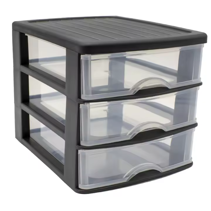 CABLEPELADO Torre de almacenamiento con 3 cajones sobremesa, Organizador de escritorio, Caja de almacenamiento de escritorio,18 cm alto x 17.7 cm ancho x 21.5 cm fondo, Negro y cajones transparentes - 1
