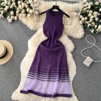 Vestido Midi Bodycon A-Line De Mujer Sin Mangas Patchwork Tejido Long Sundress Malla Elástica Estilo Callejero Verano 2024 - details 19