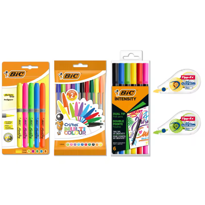 BIC Set Coloreado con 2 Cintas Correctoras Mini Pocket Mouse, 10 Boligrafos BIC Cristal Multicolor, 5 Subrayadores Highlighter Grip y 6 Rotuladores Intensity Dual Tip-Colores Surtidos, Pack de23 Unidades - 1