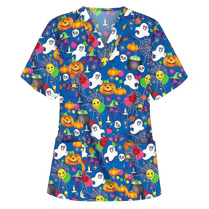 De las mujeres de enfermería uniforme Scrub manga corta Halloween impreso Tee Tops Camisetas - 1