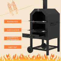 2x1 Horno Pizza Barbacoa exterior with Piedra para pizza y Cenicero, 2 parrillas para barbacoa, Horno de Leña with Rueda y termómetro, Adaptado para Jardín Negro - details 4