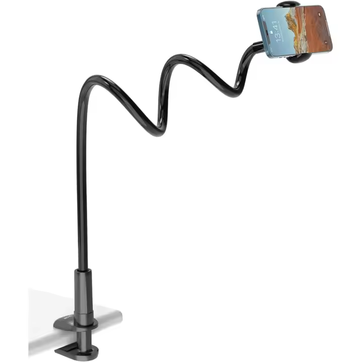 IPSDI  Soporte Movil Mesa: Sujeta Móvil Teléfono [Brazo Largo de 90 cm] Pinza Movil Flexible para Serie iPhone 14, 13, 12, 11 Pro MAX Mini/Celulares Samsung/Huawei/Google Pixel, Otras Smartphones - 1