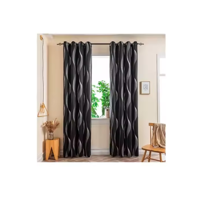 Cortinas opacas, cortinas con ojales estampados de papel de aluminio con rayas onduladas, color negro, 1 unidad - 1