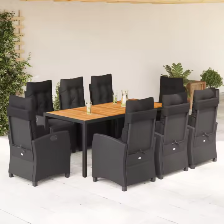 vidaXL Set de comedor de jardín 9 pzas y cojines ratán sintético negro - 1