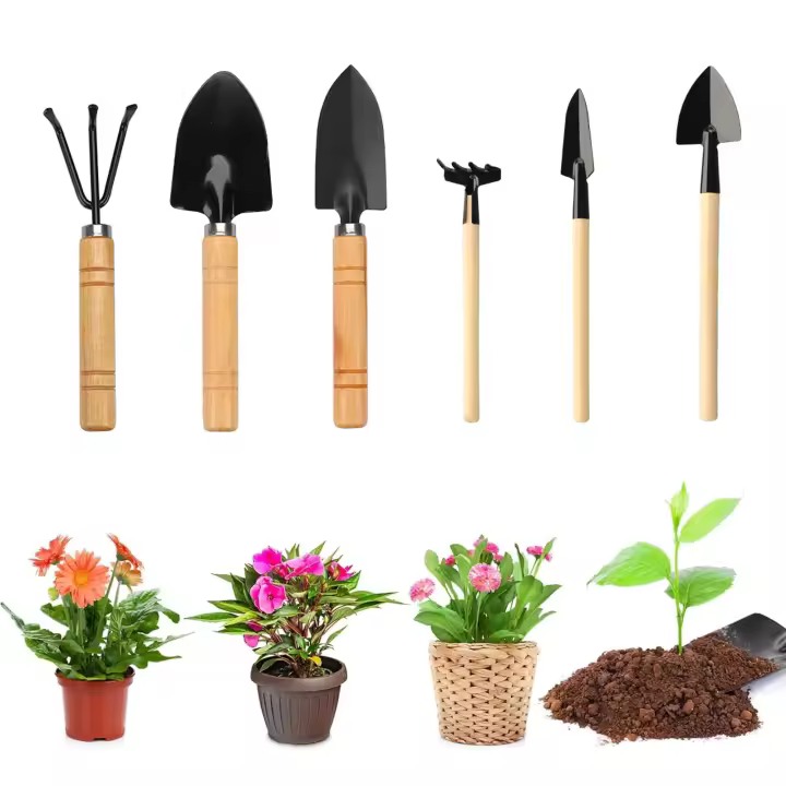 Pala de jardín-3 piezas Mini herramientas de jardinería Mini juego de herramientas para plantas Pequeña pala ranurada con mango de madera para flores Maceta Planta Plántulas Bonsai - 1
