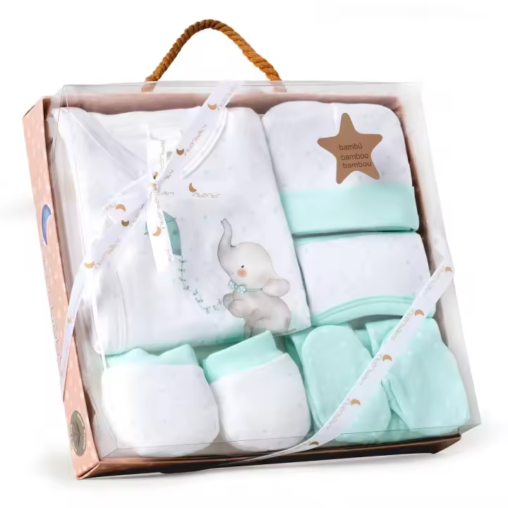 SET 5 PCS(CAMISA+CALÇA+LUVA+BAVETE+MEIAS)+RECÉM-NASCIDOS(0-6 MESES)-100%ALG.-MOD. ELEFANTE - MENTA - 1