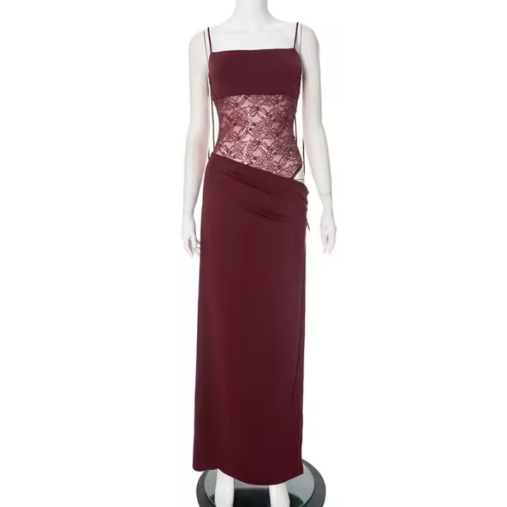 Vestido Larguísimo De Verano Para Mujer En Malla Transparente Con Encaje Y2K Sin Mangas Y Espalda Descubierta Sexy Bodycon Streetwear Polyester Elástico - 1