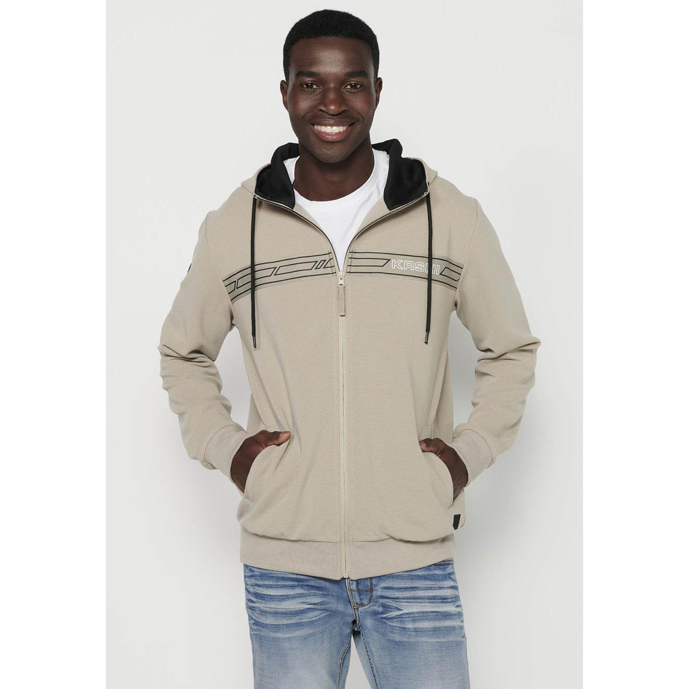 Koroshi Chaqueta sudadera con cuello con capucha de cierre delantero con cremallera de piedra para hombre | ropa casual