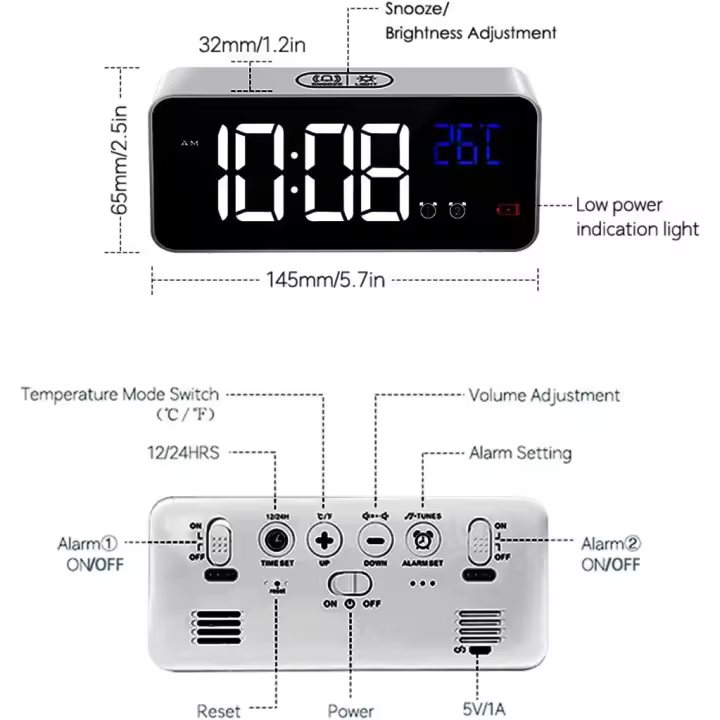 Reloj Despertador Digital con Pantalla LED de Temperatura, Alarma de Espejo Portátil con Alarma Doble Tiempo de Repetición 4 Niveles de Brillo Regulable 10 Música Despertadores Digitales - 1