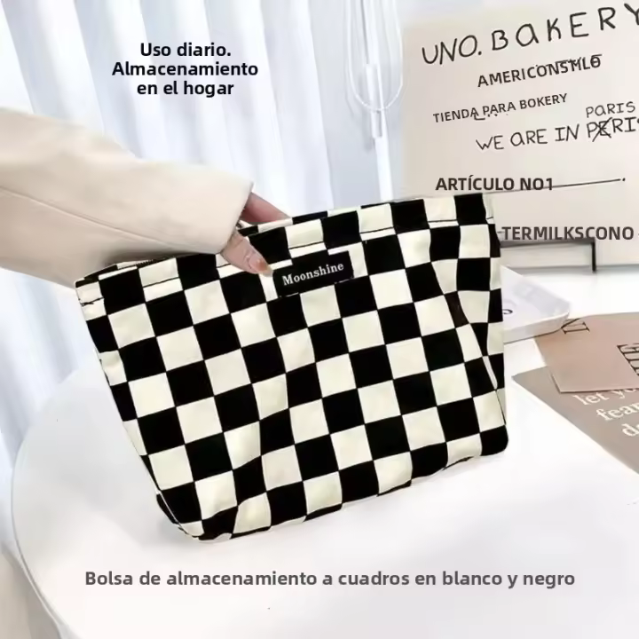 Bolso De Cosméticos Grande Y Versátil a Cuadros Negro Y Blanco Bolso De Almacenamiento Portátil Para Maquillaje Y Toallitas - 1