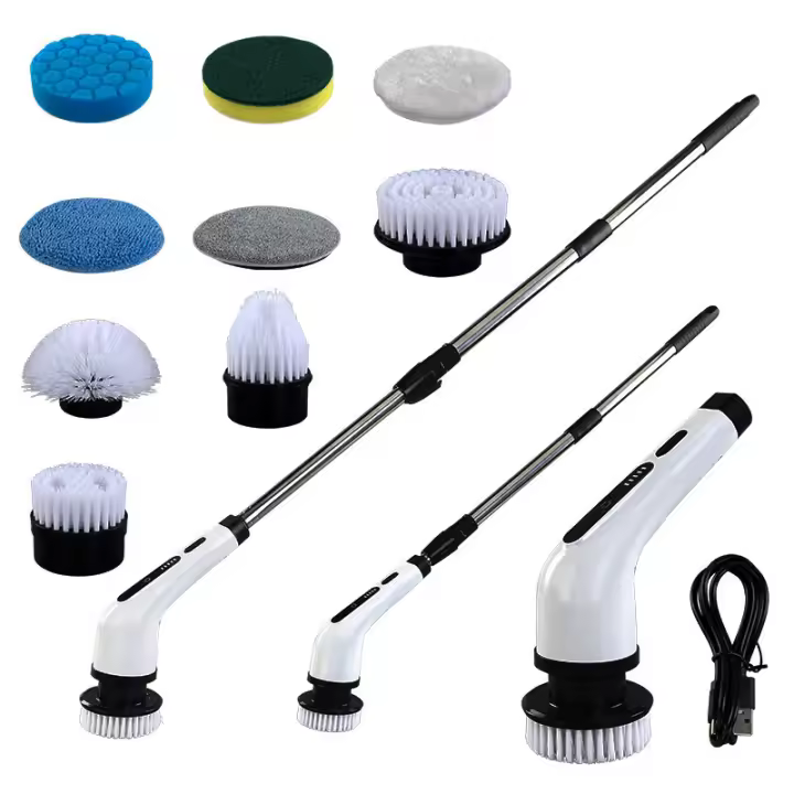 Cepillo giratorio eléctrico, cepillo de limpieza de ducha inalámbrico con 9 cabezales de cepillo reemplazables, 2 modos ajustables y mango de extensión ajustable para azulejos de baño - 1
