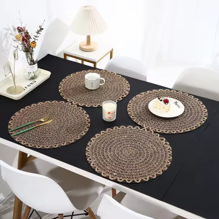 4pcs Maternos De Lino Jute Para Mesa De Comedor Estilo Farmhouse Borde Ondulado Diseño Tejido Antideslizantes Material Natural - 1