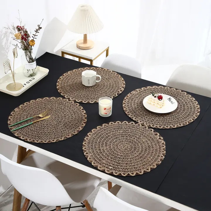 4pcs Maternos De Lino Jute Para Mesa De Comedor Estilo Farmhouse Borde Ondulado Diseño Tejido Antideslizantes Material Natural - 1