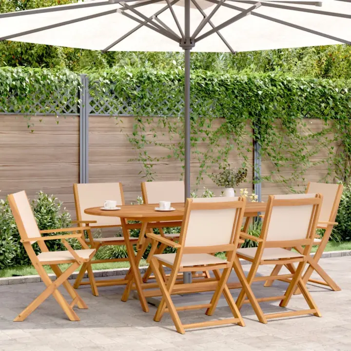 vidaXL Set de comedor de jardín 7 pzas tela madera maciza beige - 1