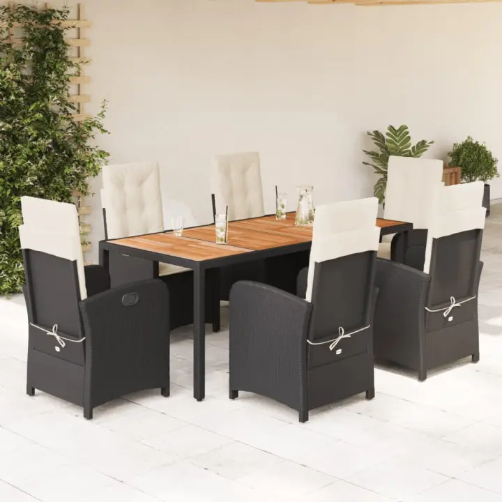 vidaXL Set de comedor de jardín 7 pzas y cojines ratán sintético negro - 1