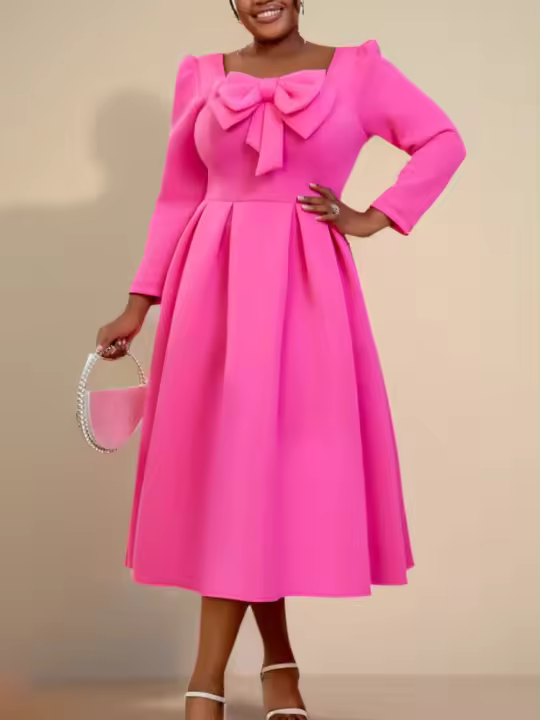 Vestido A-Line Elegante Para Mujer En Fuchsia Con Cuello Cuadrado Y Largas Mangas Con Lazo Vestido De Fiesta Para Invitadas De Boda Y Eventos Formales - 1