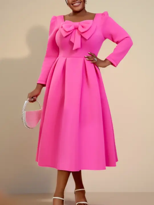 Vestido A-Line Elegante Para Mujer En Fuchsia Con Cuello Cuadrado Y Largas Mangas Con Lazo Vestido De Fiesta Para Invitadas De Boda Y Eventos Formales - 1